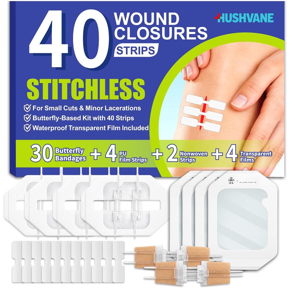 Wound Closure Strips for Skin, 40 Pack Stitchless Skin Closure Device, Alternative to Stitches for Cuts & Lacerations, Butterfly Bandages for Wound Closure, Waterproof & Breathable