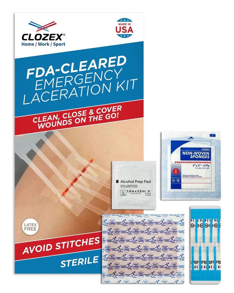 Clozex Emergency Laceration Kit - Repair Wounds Without Stitches, Skin Closure Device for a Wound Up to 1 1/2 Inches Length. Complete Kit to Clean, Close, & Cover Wounds