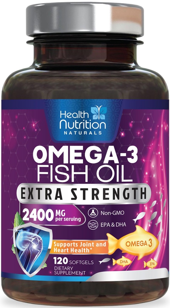 Omega 3 Fish Oil Supplements - 2400mg Fish Oil Per Serving - Triple Strength Omega-3 with EPA & DHA Fatty Acids - Natural Heart, Brain & Immune Support - Wild Caught, Bottled in USA - 120 Softgels