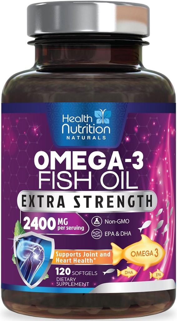 Omega 3 arrain-olioa 2400 mg - Indarraren hiruko Omega3, EPA eta DHA gantz-azidoen gehigarria - Laguntza naturala Immune, Bihotza eta Garuneko Osasunerako - Wild Harrapatuta, Ez-GMO, Lemon Flavor, Burpless - 120 Softgel