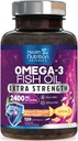 Omega 3 Fish Oil 2400 mg - Triple Strength Omega3, EPA & DHA Acids Supplement - Natural Support for Immune, Heart & Brain Health - Wild Caught, Non-GMO, Lemon Flavor, Burless - 120 Softgels