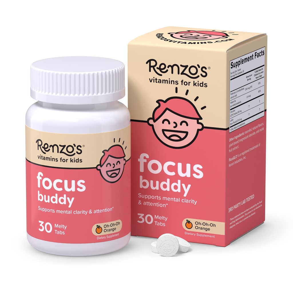 Renzo's Focus Buddy Kids Brain Support, Dissolvable Tabs, 30-Count | Citicoline, Lutein, B12, Folate, Focus & Attention Support, Stimulant-Free, Sugar-Free, Orange Flavor, 1-Month Supply