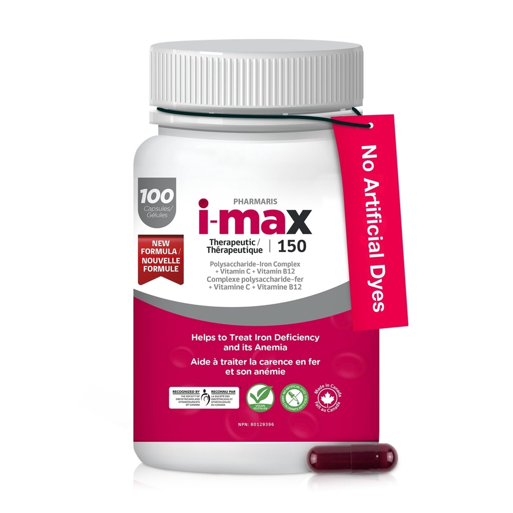 Pharmaris i-max 150 mg Elemental Iron Supplement, 100 Vegan Capsules | Polysaccharide Complex, Vitamin C 250 mg & B12 1000 mcg for Women & Men, Vegan, Gluten-Free, No Artificial Dyes, Once Daily