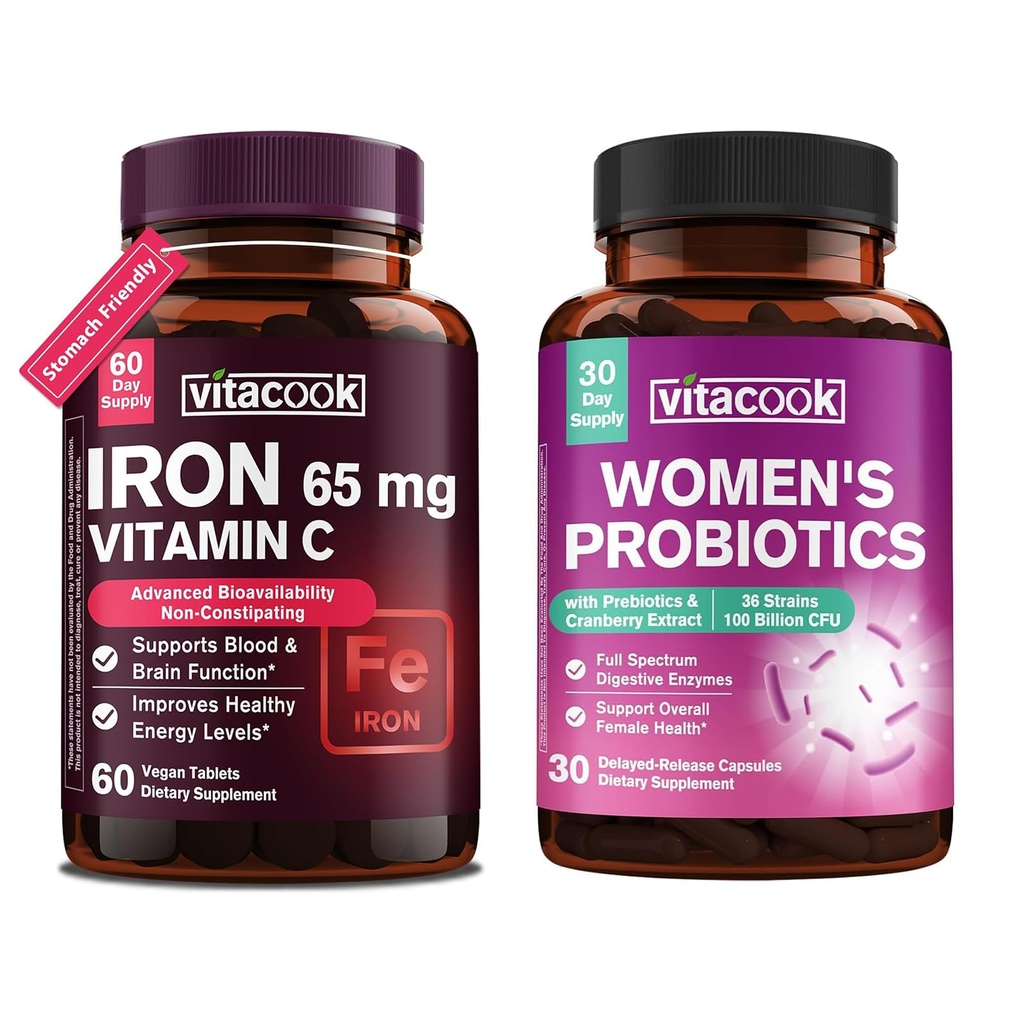 Iron Supplement for Women Men, High Potency Iron 65mg with Vitamin C 250mg + Women's Probiotics, 100 Billion CFU 36 Strains, with Prebiotics & Digestive Enzymes