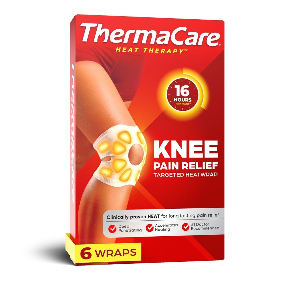 ThermaCare Knee Heat Wraps for Pain Relief, Heating Pads, 6 Count | 8-Hour Therapy, Flexible, Joints & Muscles, Secure Fit for Daily Comfort & Support