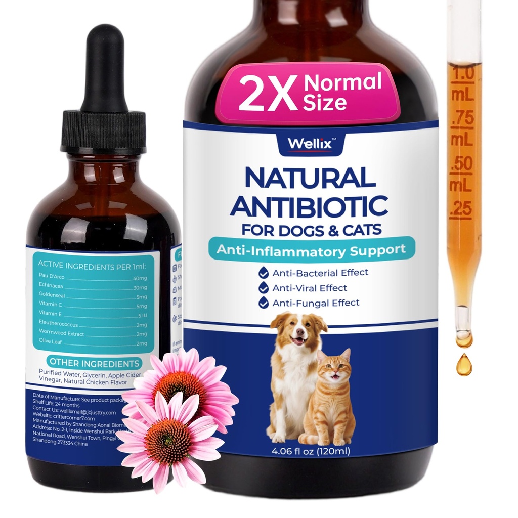 Wellix 120ml Natural Antibiotics for Cats & Dogs, Wound Care & Cold Relief | Natural Herbal Supplement for Wound Care, UTI, Sneezing & Cold Relief – Chicken Flavor Antibiotics for All Cats & Dogs