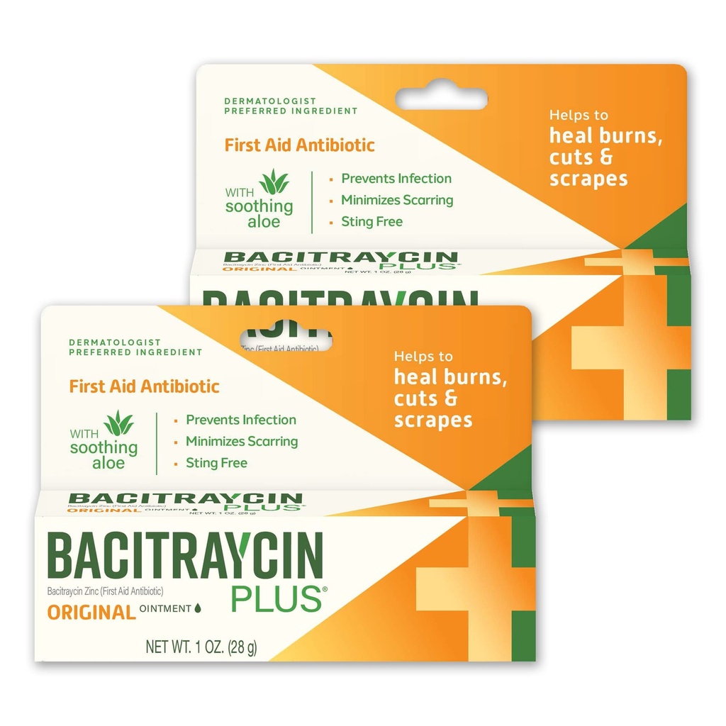 Bacitraycin Plus Antibiotic Ointment, Original, Aloe Vera, 1 Oz, 2 Pack | First aid for cuts, healing ointment for open wounds, wound healing, topical antimicrobials, aloe vera