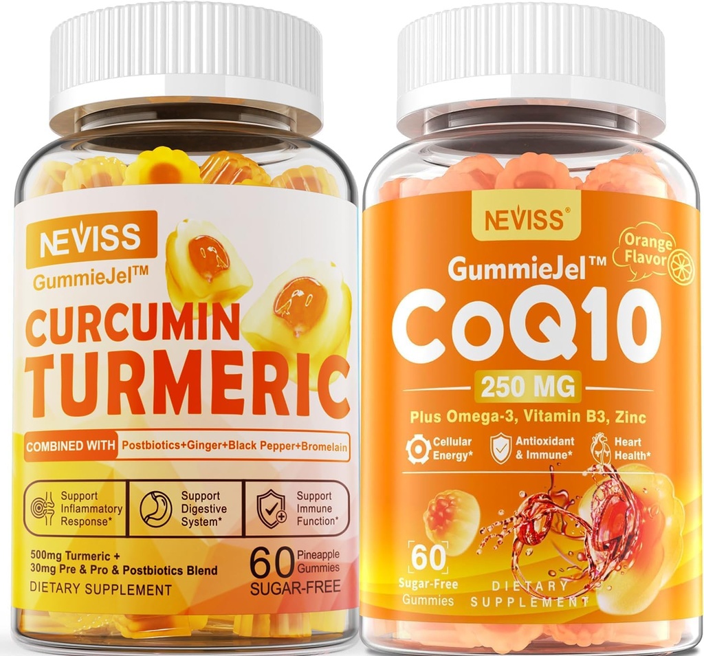 Sugar Free Turmeric Curcumin Filled Gummies 550mg & CoQ10-250mg Filled Gummies, Immune, Digestive Health, Cellular Energy & Antioxidant Support