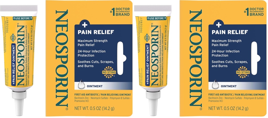Neosporin + Maximum-Strength Pain Relief Dual Action Ointment, First Aid Topical Antibiotic & Analgesic Ointment for 24-Hour Infection Protection with Bacitracin Zinc & Pramoxine HCl,.5 oz (Pack of 2)