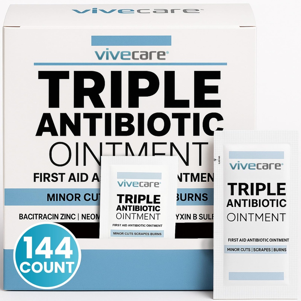 Vive Care Triple Antibiotic Ointment - Topical Antibacterial Cream | Healing & Treating Infection - First Aid Kit Supplies, Wound Care Essential w/Bacitracin, Neomycin & Polymyxin B (144)