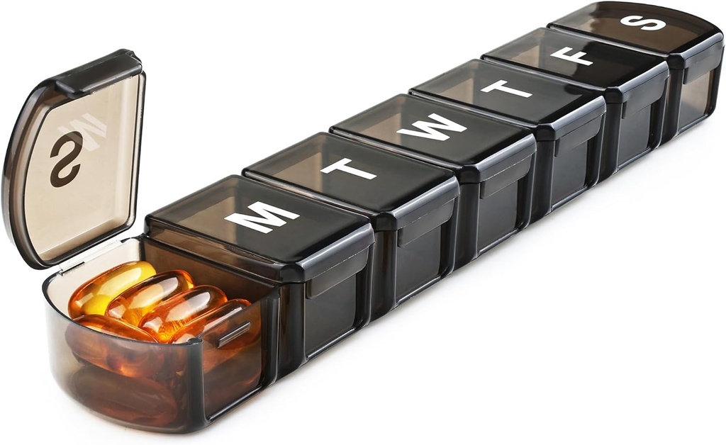 XL ukentlig Pille Box Organizer 7 dag, 1 uke Jumbo Pille Dispenser tilfelle én gang om dagen, MOLN HYMY daglig medisin container å holde medisin, vitaminer, fiskeoljer og tillegg (svart