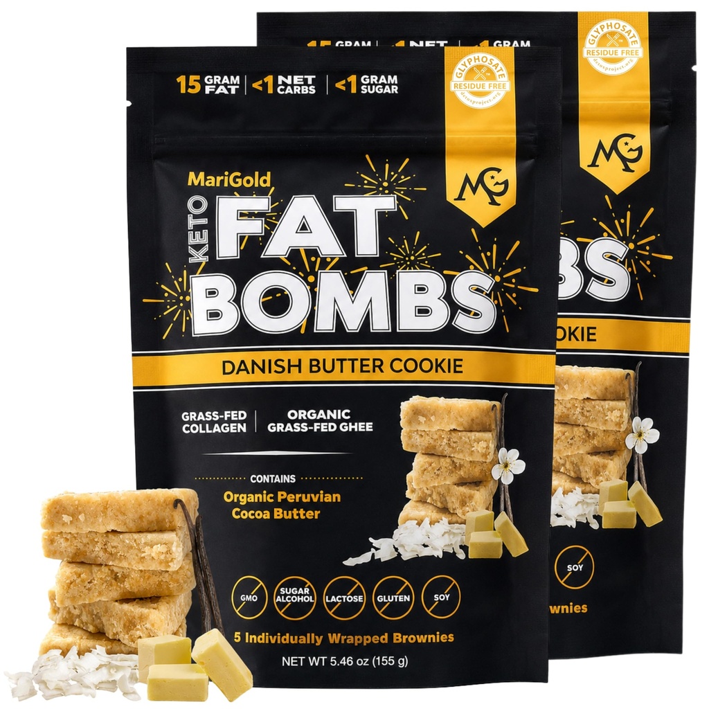 MariGold Keto Fat Bombs - Danish Butter Cookie - Low Carb, Collagen Rich, Grass-fed Ghee, Organic Cocoa Butter, Gluten-Free, Non-GMO (2 bags, 5 Servings each), No Weird Aftertaste