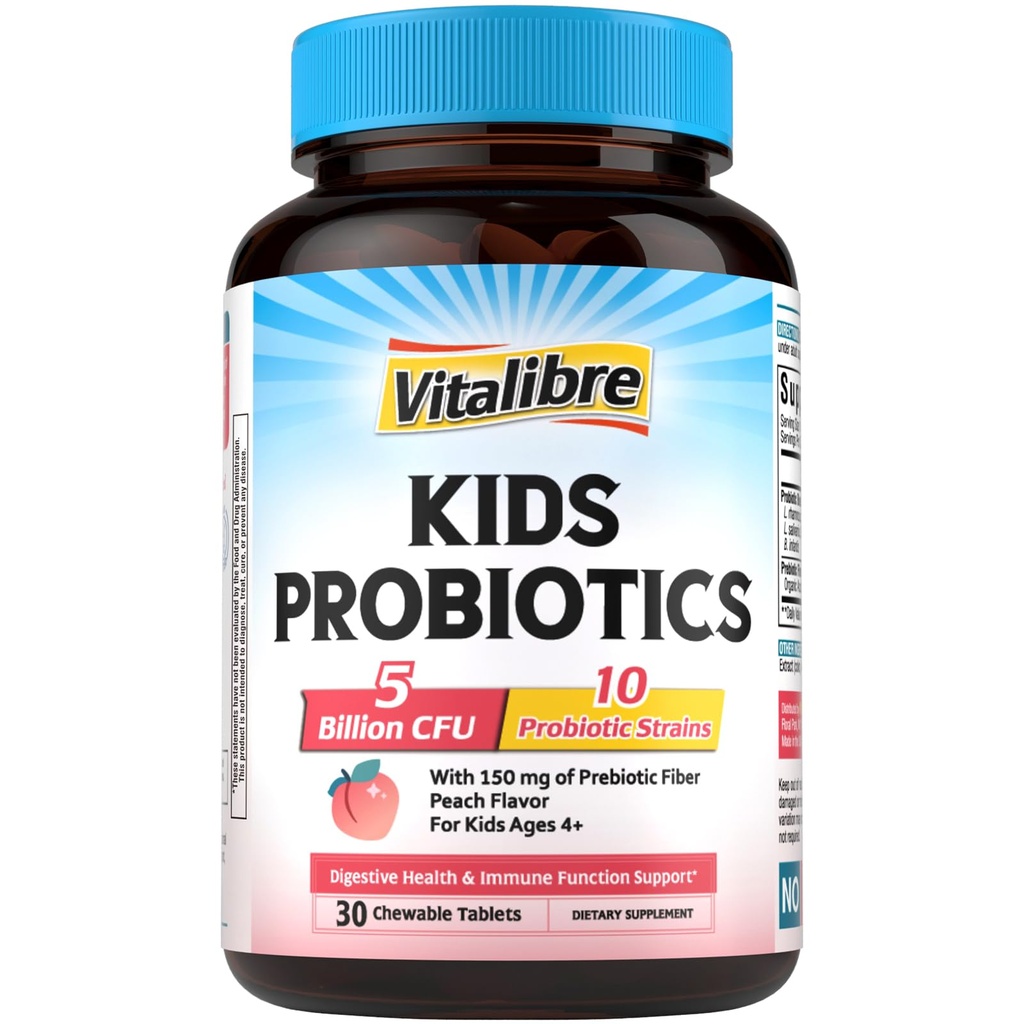Kids Probiotics Chewable, Ages 4+, 5 Billion CFU, 10 Probiotic Strains | with Prebiotics, Support Digestive & Immune Health, Shelf Stable, No Gluten or Dairy, Peach Flavor, 30 Count