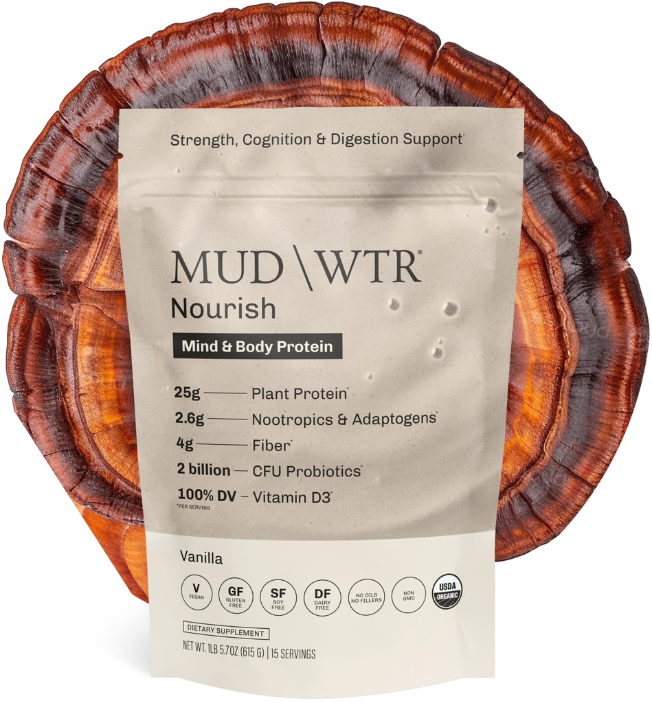 MUDWTR MUDWTR Nourish | Vanilla Mushroom Protein Powder | 2,000mg Adaptogen Drink | Vegan Protein Powder | USDA Organic | Focus, Mood & Digestion Support | Vanilla, Lion's Mane, Bacopa | 15 Servings