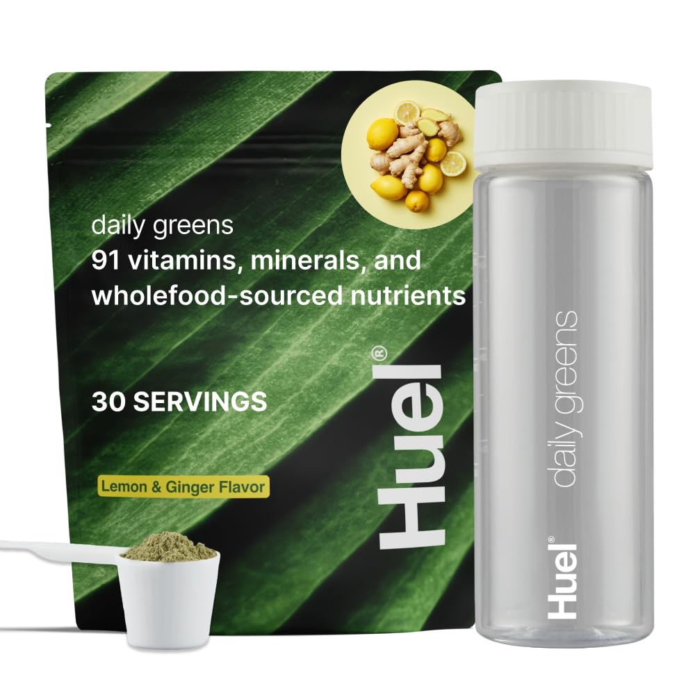 Huel Daily Greens Bundle | Lemon & Ginger Daily Greens Bag + Bottle | 30 Servings | Superfood Greens Powder | 91 Vitamins, Minerals, and Wholefood-Sourced Ingredient