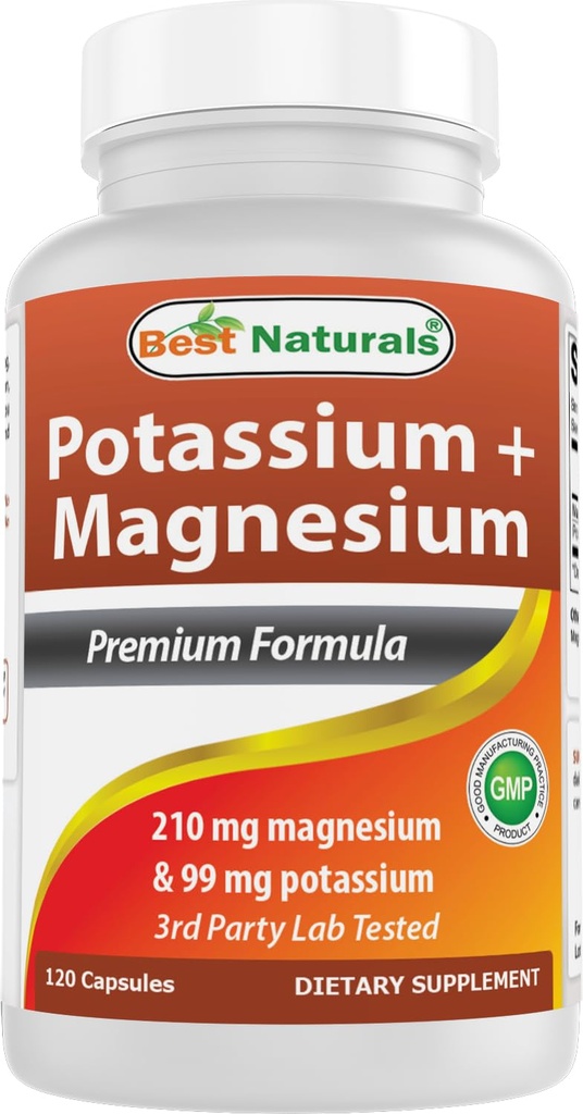 Best Naturals Potassium (99 mg) + Magnesium (210 mg) Per Serving - 120 Capsules - Non-GMO, Gluten-Free