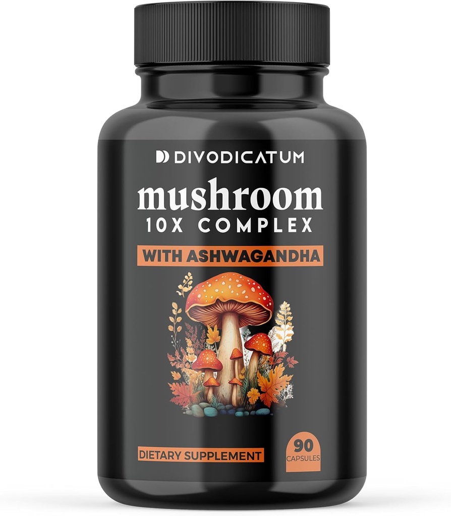 Organic Mushroom Complex Supplement z Ashwagandha. Lion 's Mane, Reishi, Cordyceps, Chaga, Turcja Tail & More - Focus, Energy, and Brain Booster (90 Count)