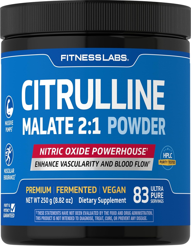 Fitness Labs Citrulline Malate Powder | 3000mg | 8.82oz | 2:1 | Nitric Oxide Supplement | HPLC Purity Tested | Vegan, Non-GMO, Gluten Free