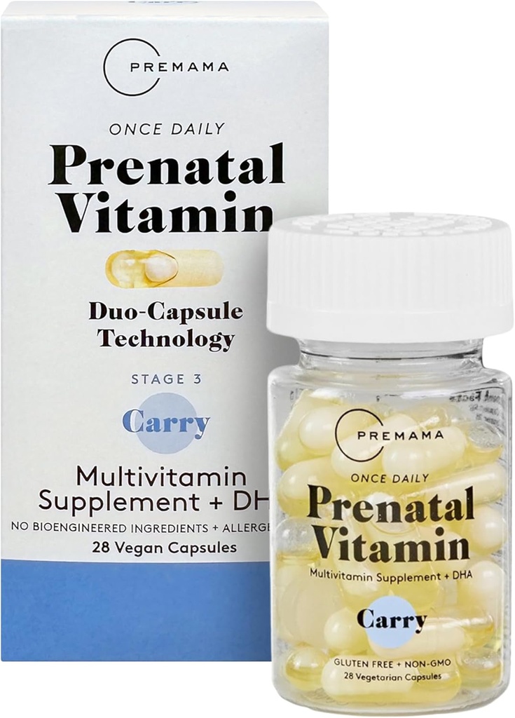 Premamama Vitaminas Prenatales para Mujeres, Suplemento Multivitamínico Una vez Día, Incluye Folato y DHA, Libre de Alérgenos, 28 cápsulas Veganas