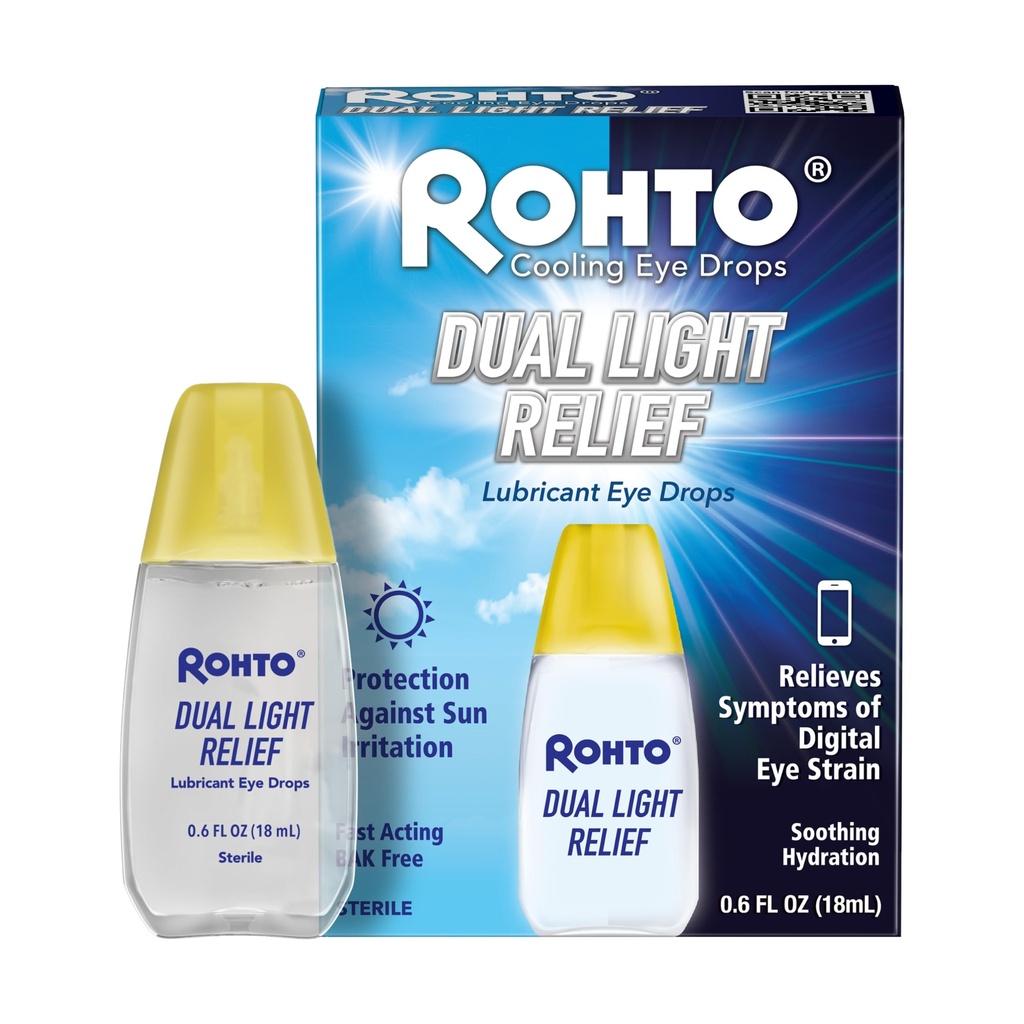 Rohto Dual Light Relief Cooling Lubricant Eye Drops, Protect Against Sun Irritation & Digital Eye Strain, Fast-Acting Relief of Dry Eyes, Grittiness, Burning & Stinging, 0.6 fl oz