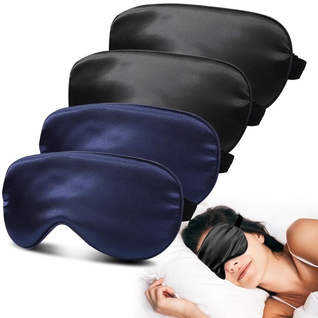 4 Pack Silk Sleep Mask, Blackout Eye Mask with Adjustable Strap | Zero Eye Pressure, Super Soft Blindfold for Women Men, Sleeping Eye Masks for Travel, Gift, Yoga (Black*2 pcs & Blue*2 pcs)