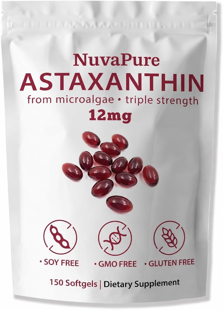 NuvaPure Astaxanthin 12 mg Softgels from Microalgae, 150 Count | Astaxanthin softgels from microalgae, Non-GMO and gluten-free, designed for a simple daily supplement routine