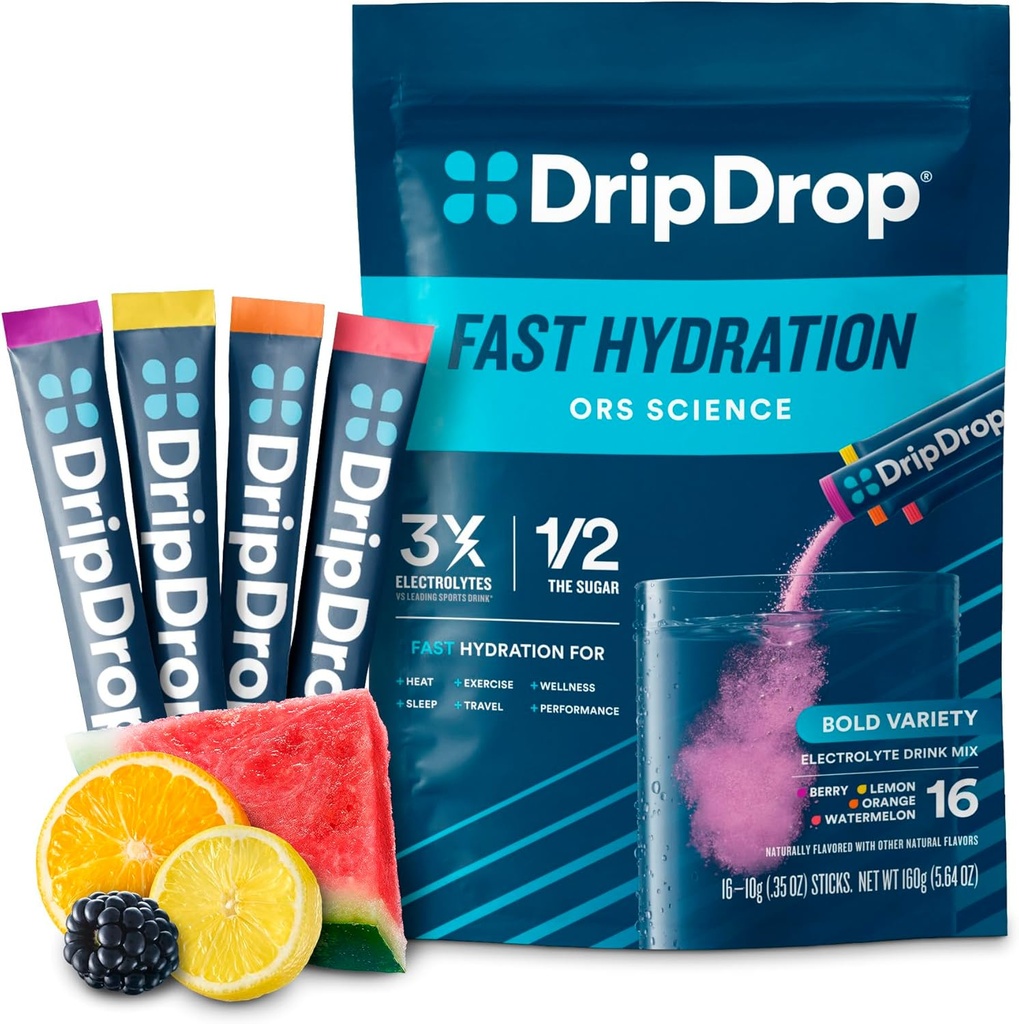 DripDrop Hydration Packets - Bold Variety Pack - Single Serve Electrolytes Powder Drink Mix - Vannmelon, Berry, sitron, oransje - Ikke-GMO, Glutenfri, Vegan - 16 Sticks