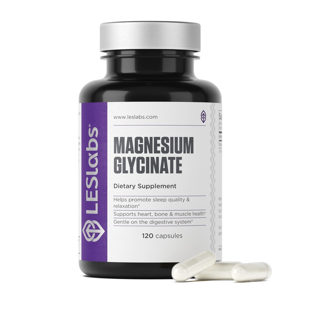 LES Labs Magnesium Glycinate Supports Restful Sleep, Heart Health, Stress Relief, Metabolism, Nerve & Muscle Function, Gentle on the Digestive System Non-GMO Supplement 120 Capsules