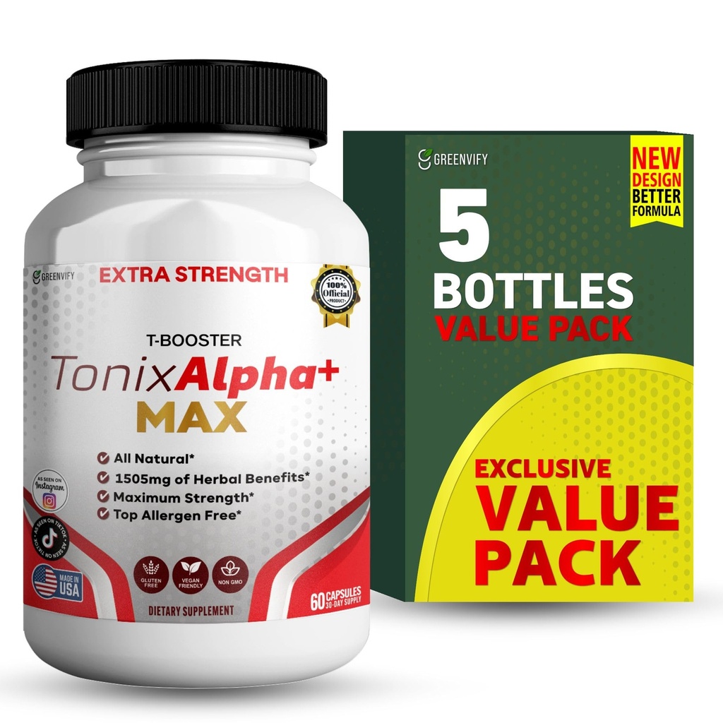 Tonix Alpha+ Max T-Booster Supplement, 1505mg Herbal Complex, 60 Capsules, 30 Day Supply, All Natural, Vegan Friendly (5)