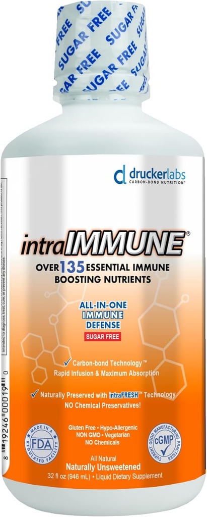 Drucker Labs -IntraIMMUNE Lichid organic Daily Immune & Defense Support, Multivitamine, Elderberry, Echinacea, Zinc, Vitamina D, C E, Vegan, Non OMG, Gluten Free (32 oz., Peach Berry Sugar Free)