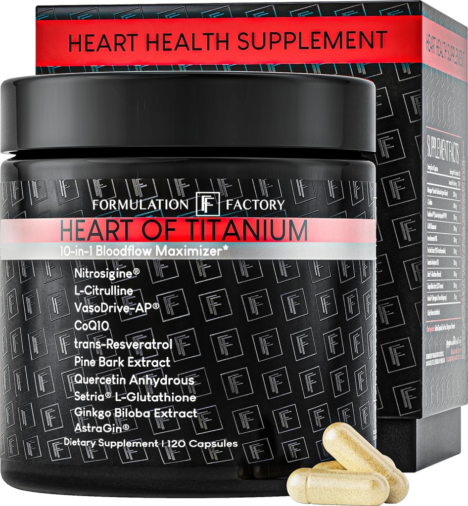 Formulation Factory Heart of Titanium Blood Flow Support Nitric Oxide Supplement L-Citrulline Nitrosigine® CoQ10 VasoDrive-AP® AstraGin® Setria® L-Glutathione (120 Capsules, 30 Servings)
