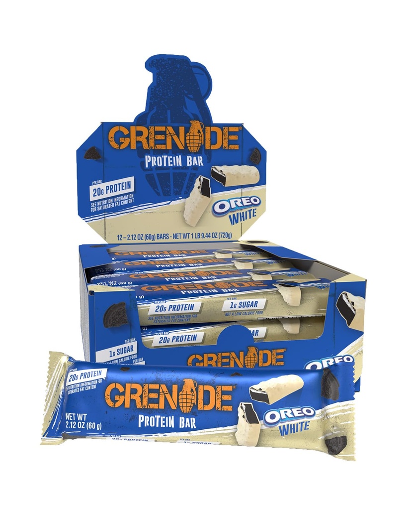 Grenade OREO White Chocolate Protein Bar, 12 Count, 2.1 oz Bars | 20 g Protein & 1 g Sugar, Vanilla Flavoured Crème Layer, Dough Centre with OREO Wafer Pieces, White Chocolatey Layer