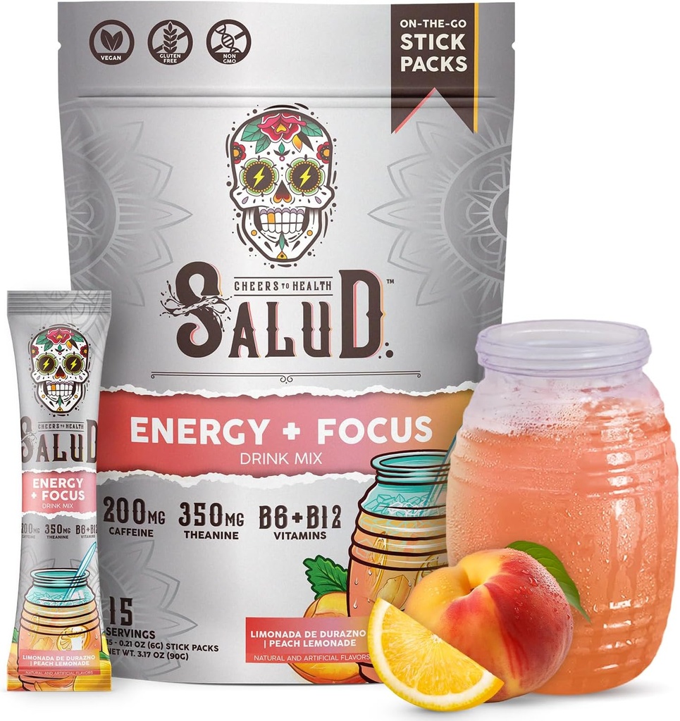Salud 2-in-1 Energy Drink Powder + Focus, Peach Lemonade, Organic Caffeine, B6 + B12, Theanine, Clean Energy Drink Packets, Agua Fresca Mix, Non-GMO, Gluten Free, Vegan, 1g of Sugar, (15 Servings)