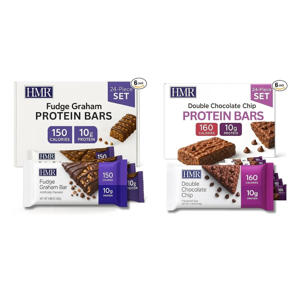 HMR Fudge Graham & Double Chocolate Chip Protein Bars | 24 Count Variety Pack | 10g Protein Each | Low-Calorie, Nutritious Snack & Dessert | Supports Weight Maintenance & Healthy Lifestyle