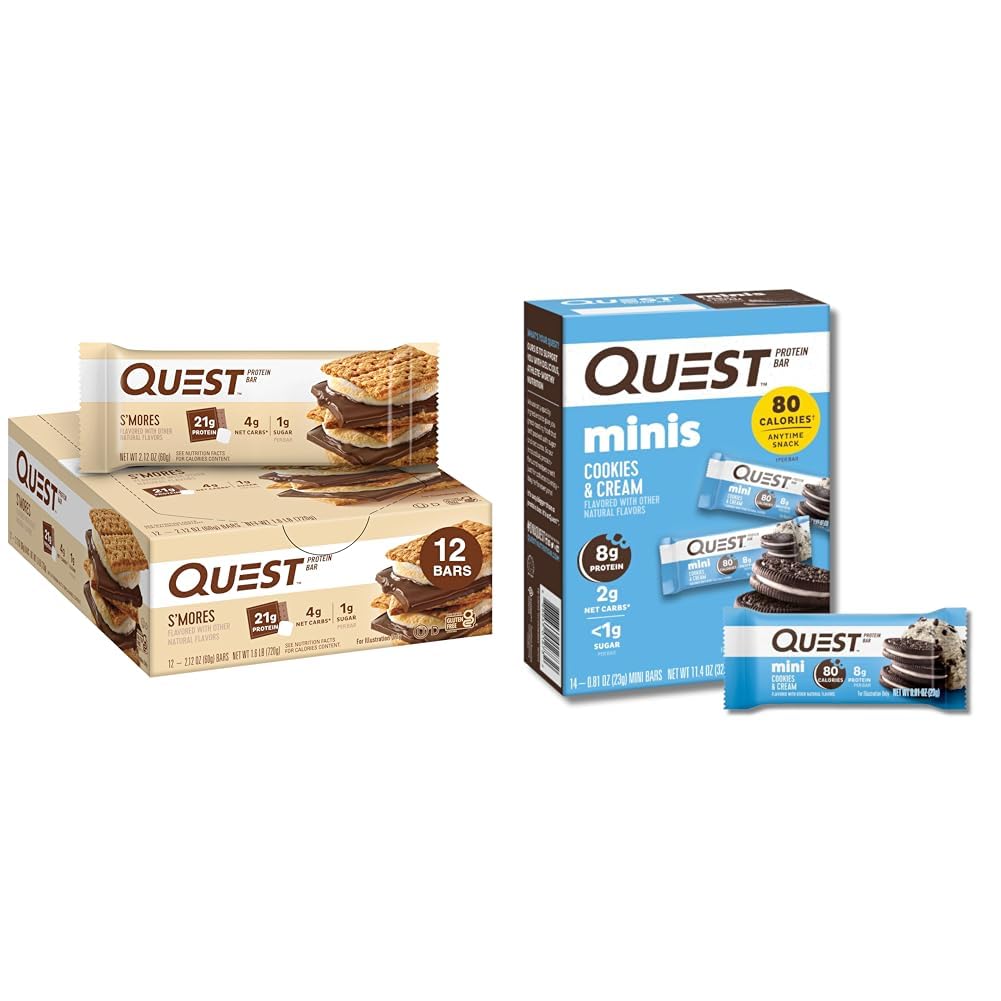 Quest S'mores Protein Bar 12 Count and Mini Cookies & Cream Protein Bars 14 Count Bundles