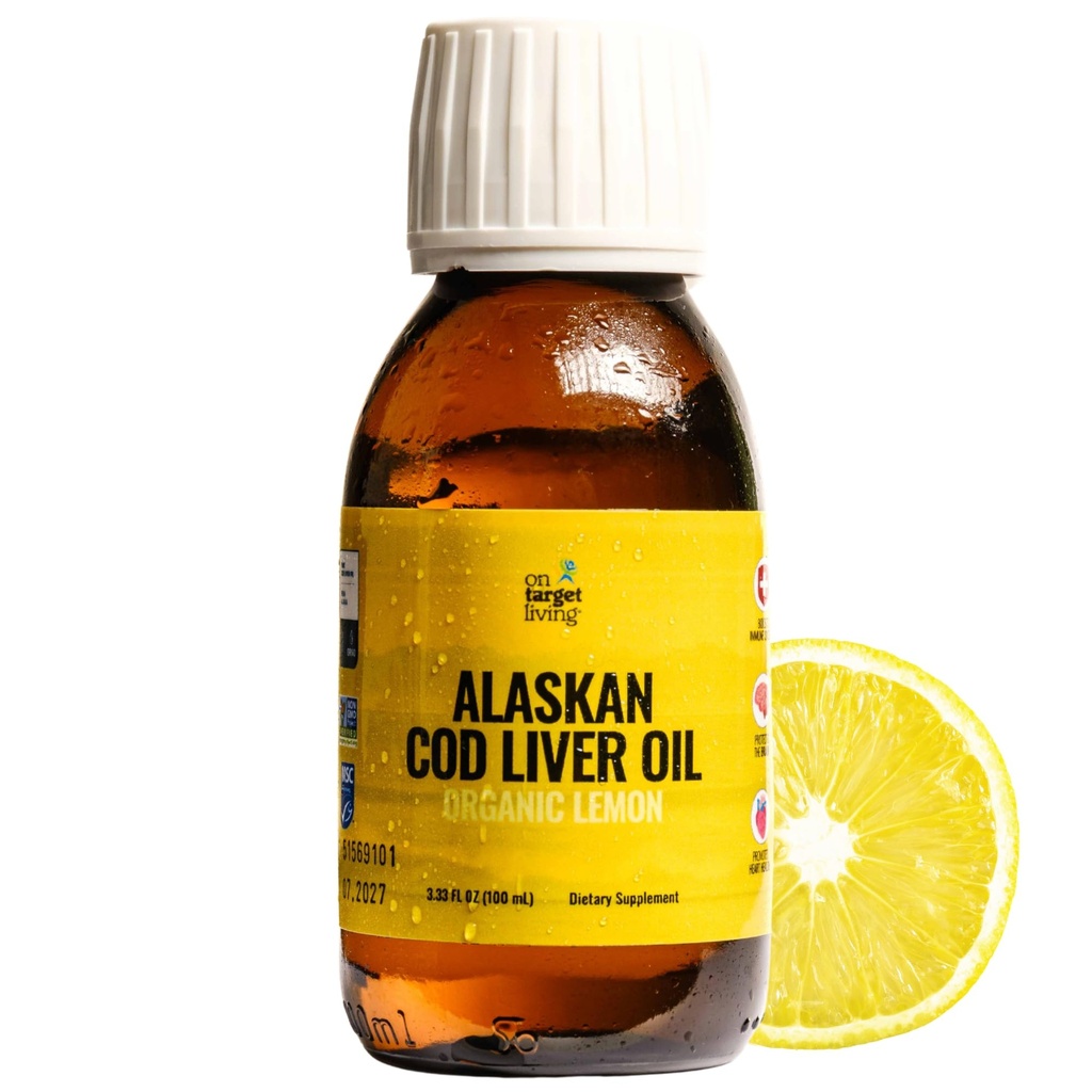 On Target Living Alaskan Cod Liver Oil- Travel Size 3.33 oz. | Naturally Occurring Vitamins A & D | Organic Lemon Flavor | Premium Line Caught Cod Liver Oil