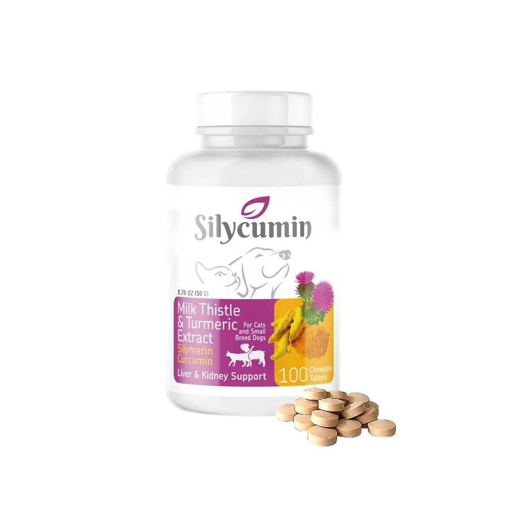 Bio PetActive Silycumin Milk Thistle & Turmeric Supplement for Cats & Small Breed Dogs - Advanced Liver & Kidney Support with Silymarin and Curcumin, Detox & Antioxidant Formula - 100 Chewable Tablets