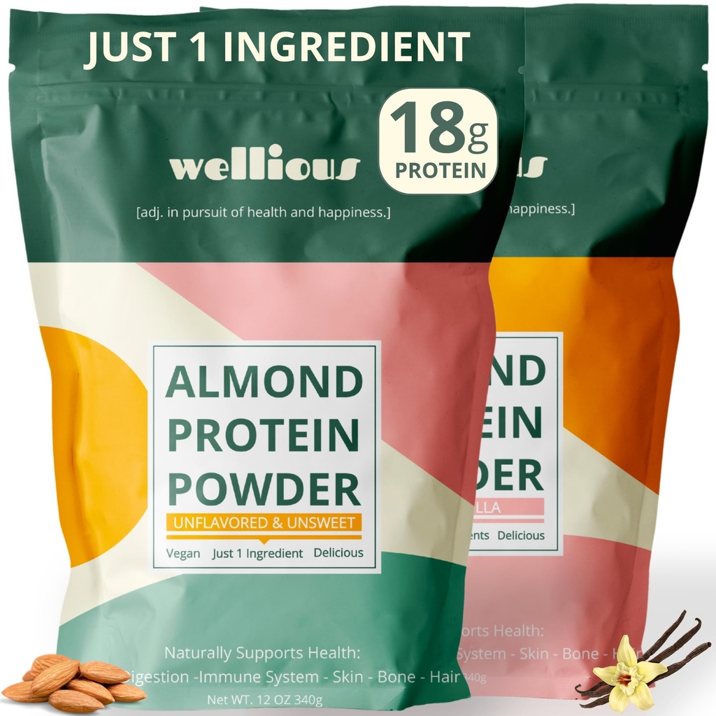 wellious Almond Protein Powder Bundle (1 Vanilla & 1 Unflavored) - 18 Grams of Pure Healthiest Vegan Protein - Gluten-Free, Soy-Free, Gut Friendly Protein Powder for Sports Nutrition