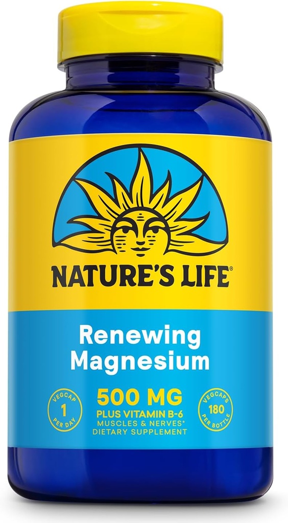 Natures Life Renewing Magnesium 500 מ"ג - פלוס ויטמין B-6 - שרירים ועצבנים תמיכה - מעבדה מאומתת (180 משרתים, 180 VegCaps)