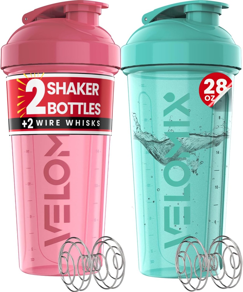 VELOMIX 2 Pack 28oz Protein Shaker Bottle for Protein Mixes, Pink/Turquoise | 2x Wire Whisk, Leak Proof Shaker Cups for Protein Shakes, Stackable, Dishwasher safe, BPA free, Pre Workout and Fitness ready