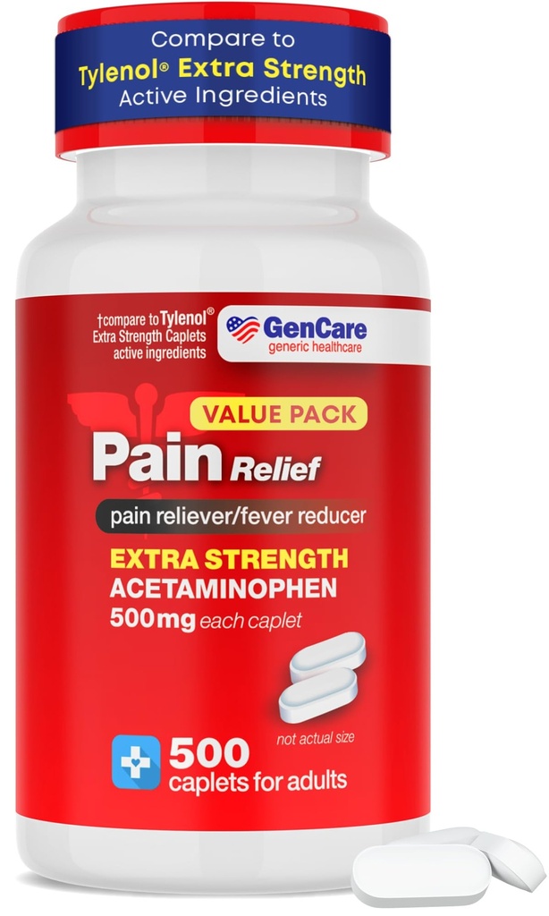 GenCare Acetaminophen 500mg Extra Strength Pain Relief, 500 Ct | Compares to Tylenol Extra Strength; relieves headache, muscle ache, backache & fever