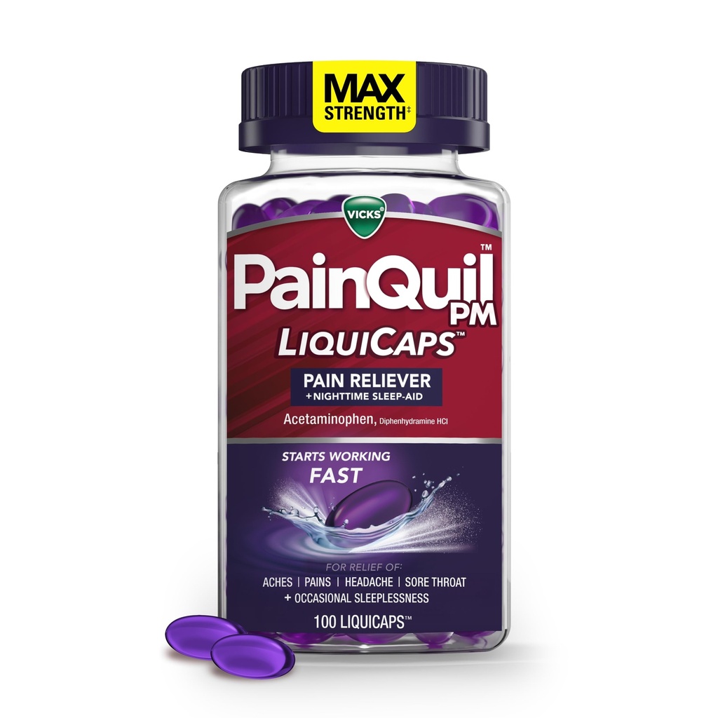 Vicks PainQuil Pain Relief Acetaminophen 1000mg Max Strength Pain Reliever LiquiCaps 100ct, Backache Headache Relief, 1 Nighttime Pain Reliever + Sleep Aid