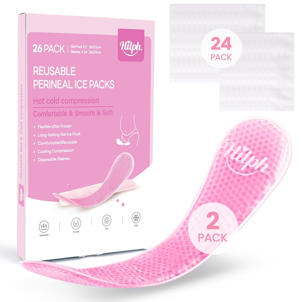 Hilph Perineal Ice Packs for Postpartum Hemorrhoid Pain Relief, Pink | Reusable 2 Perineal Cooling Pads with 24Pcs Disposable Sleeves for Women After Pregnancy Delivery, Essentials Postpartum Care
