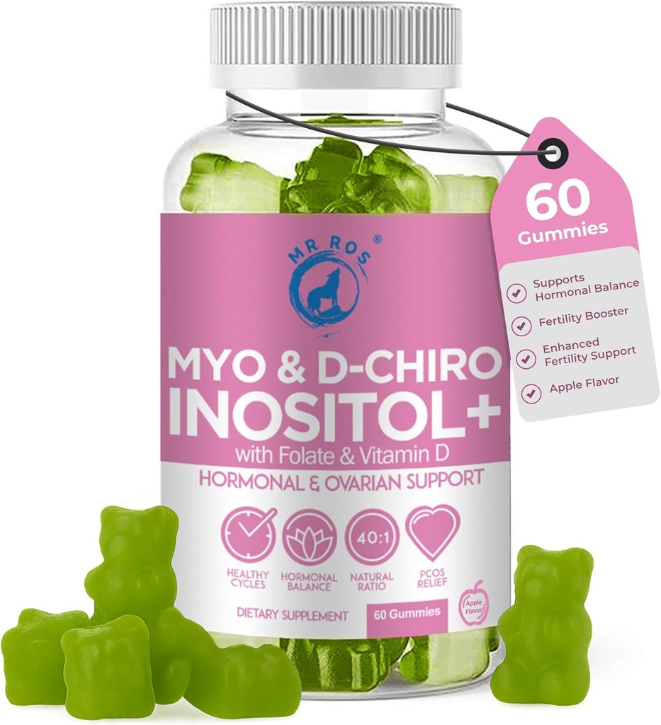 Inositol Gummies PCOS med Folate & Vitamin D - Myo & D- Chiro Inositol Blend, 40: 1 Ratio, 60 Apple Flavor Gummies