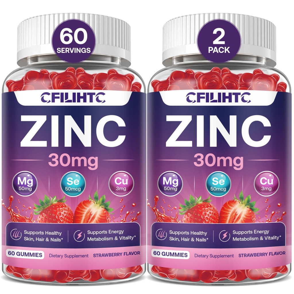 Zinc Gummies 30mg with Biotin 5000mcg, Copper, Selenium & Magnesium - Zinc Supplements for Women & Men with Vitamins C, D3 & K2 - Sugar Free Vegan Strawberry Gummies, 2 Pack, 120 Count