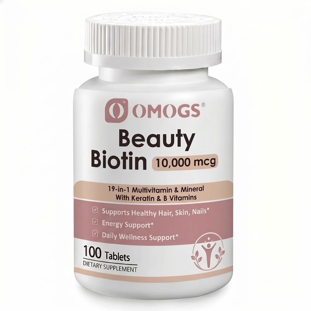 OMOGS Biotin 10000mcg + Multivitamin & Mineral with Keratin & B Vitamins, Supplement for Hair Growth Support, Skin & Nails - 100 Tablets