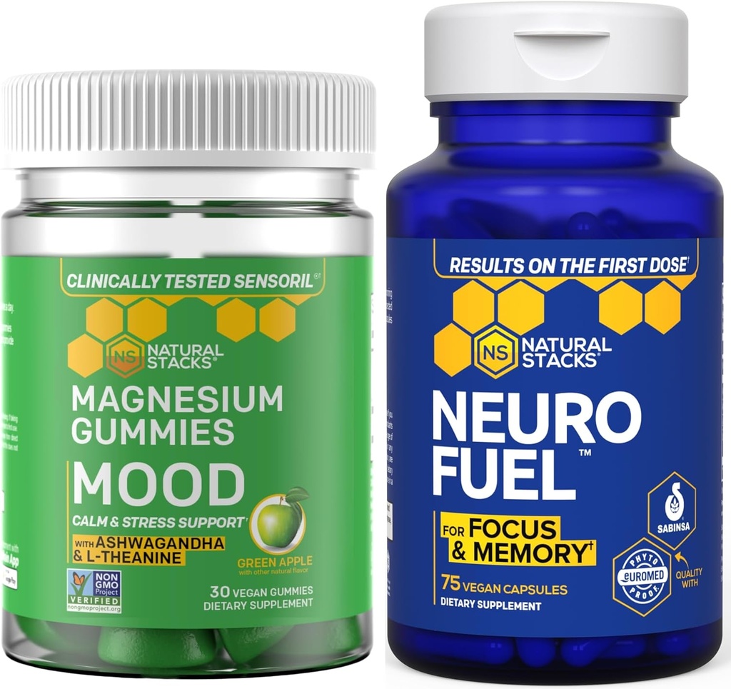 NATURAL STACKS Mood Magnesium Gummies + Neurofuel Nootropic Bundle - Supporta la salute del cervello & Mood* - 105 Pezzi