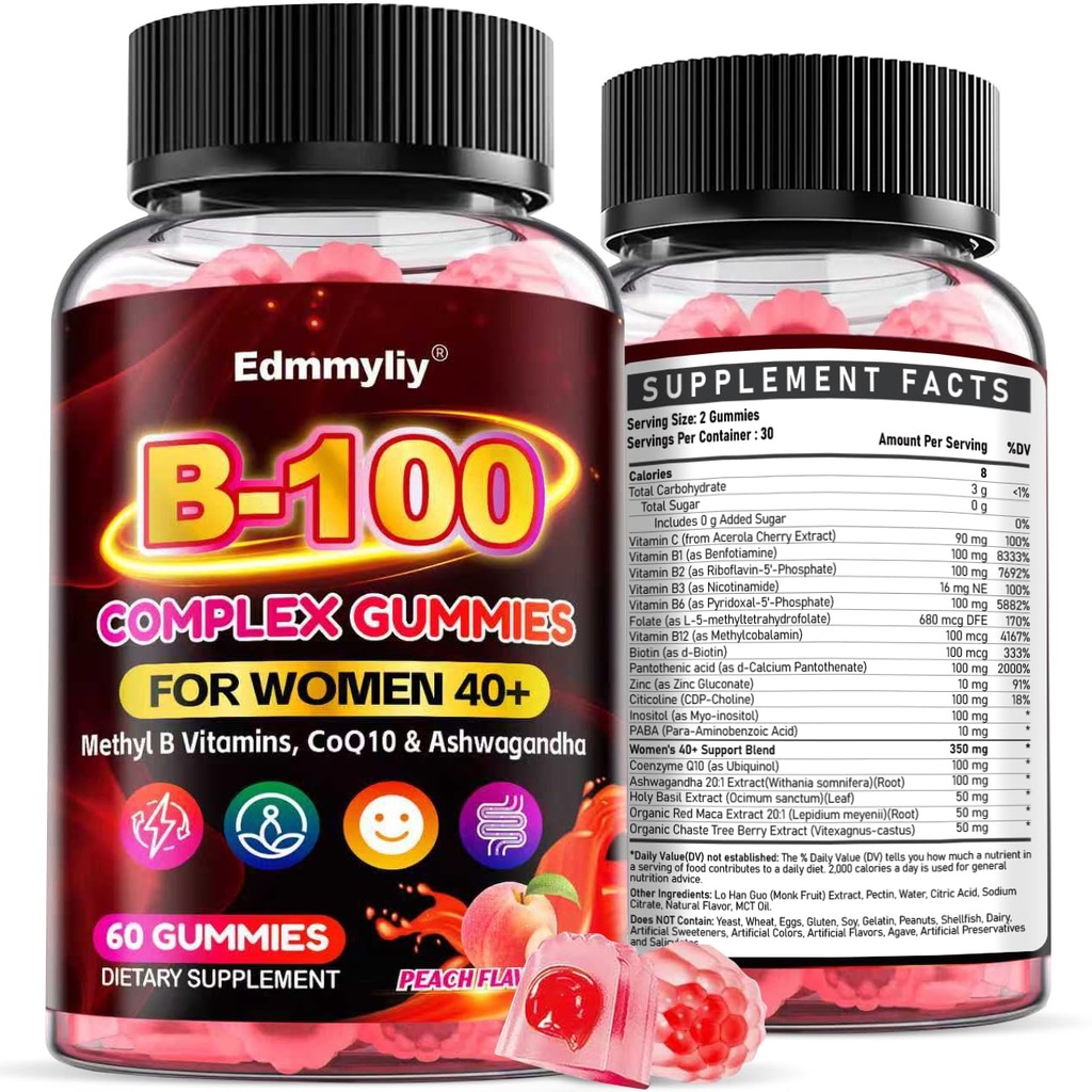 Vitamin B Complex Supplement for Women 40+ - Methylated B Complex Gummies | with Vitamin B12, Folate, B1, B2, B5, B6, Biotin for Women - Peach Flavor B-Complex Gummies, Sugar Free, Vegan, 120 Ct