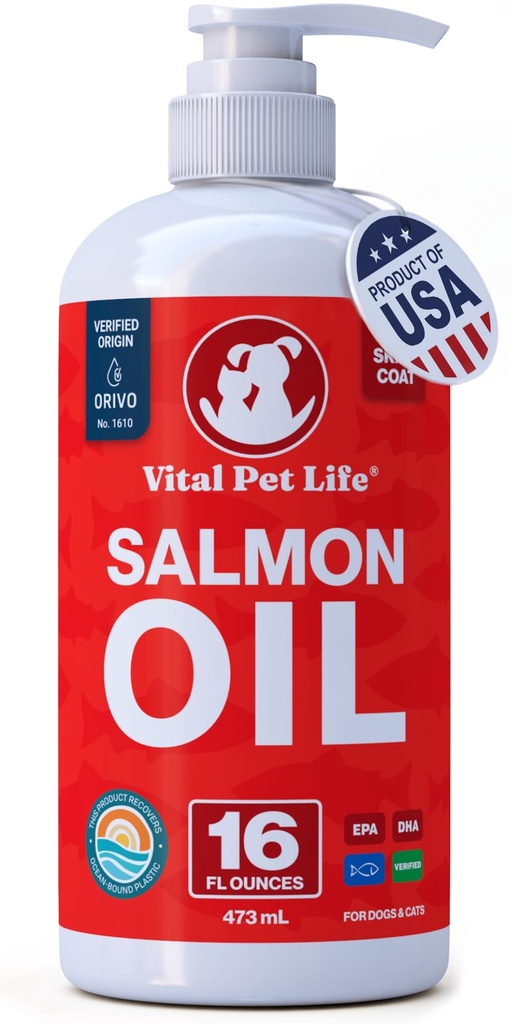 Salmon Oil for Dogs & Cats, Healthy Skin & Coat, Liquid Fish Omega 3, 16 oz | Soft Shiny Glossy Coat, EPA DHA, Immune System & Heart Function Support, Normal Shedding, Supplement for Pets
