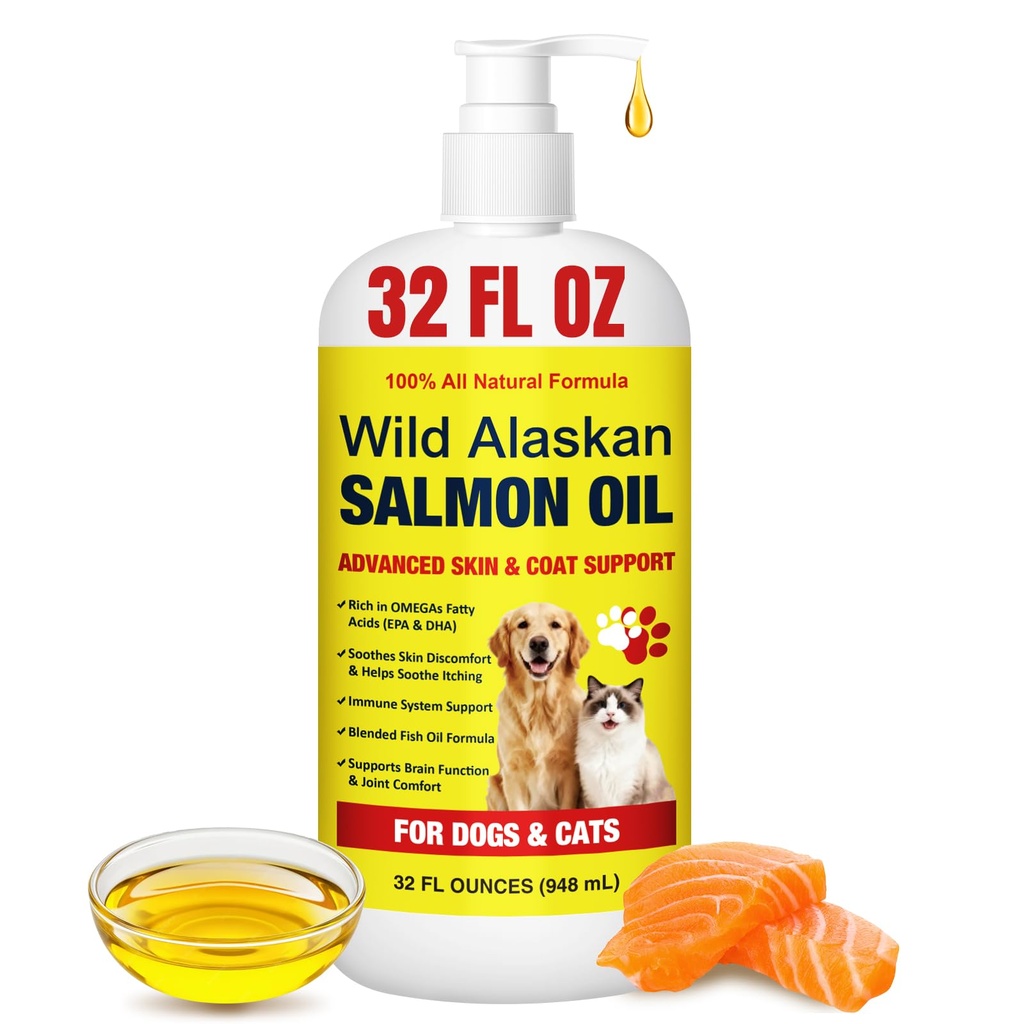 Wild Alaskan Salmon Oil for Dogs & Cats - Pure Liquid Fish Oil Skin Coat Supplement with Omega 3 6 9 Food Topper, Dry Itchy Skin, Supports Joint Heart Brain Immune Health, 32 fl oz